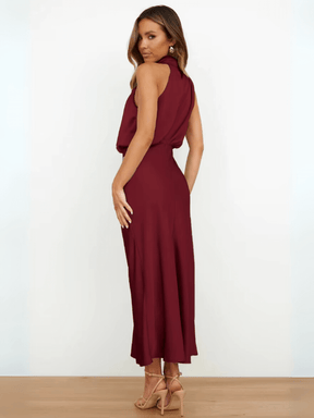 Vestido Midi Acetinado Acinturado com Gola Alta Drapeada Elegante – Rayca