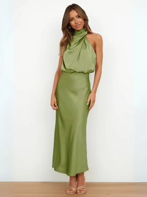 Vestido Midi Acetinado Acinturado com Gola Alta Drapeada Elegante – Rayca